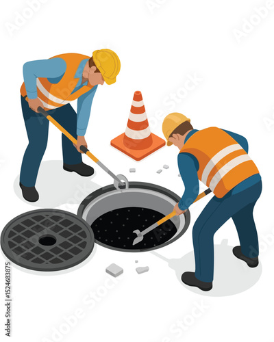 Isometric illustration of two construction workers inspecting and working on a manhole with a safety cone and open sewer cover in a street setting
