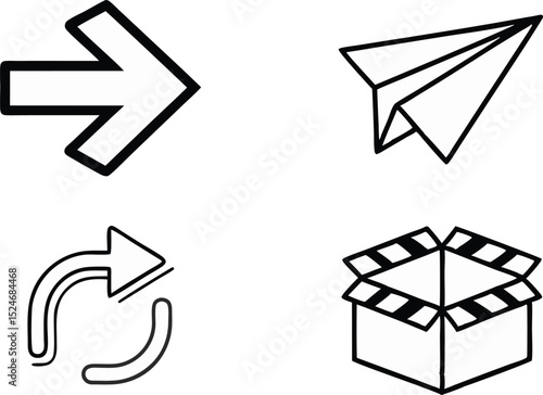 Four simple hand drawn icons representing direction sending refreshing and film making