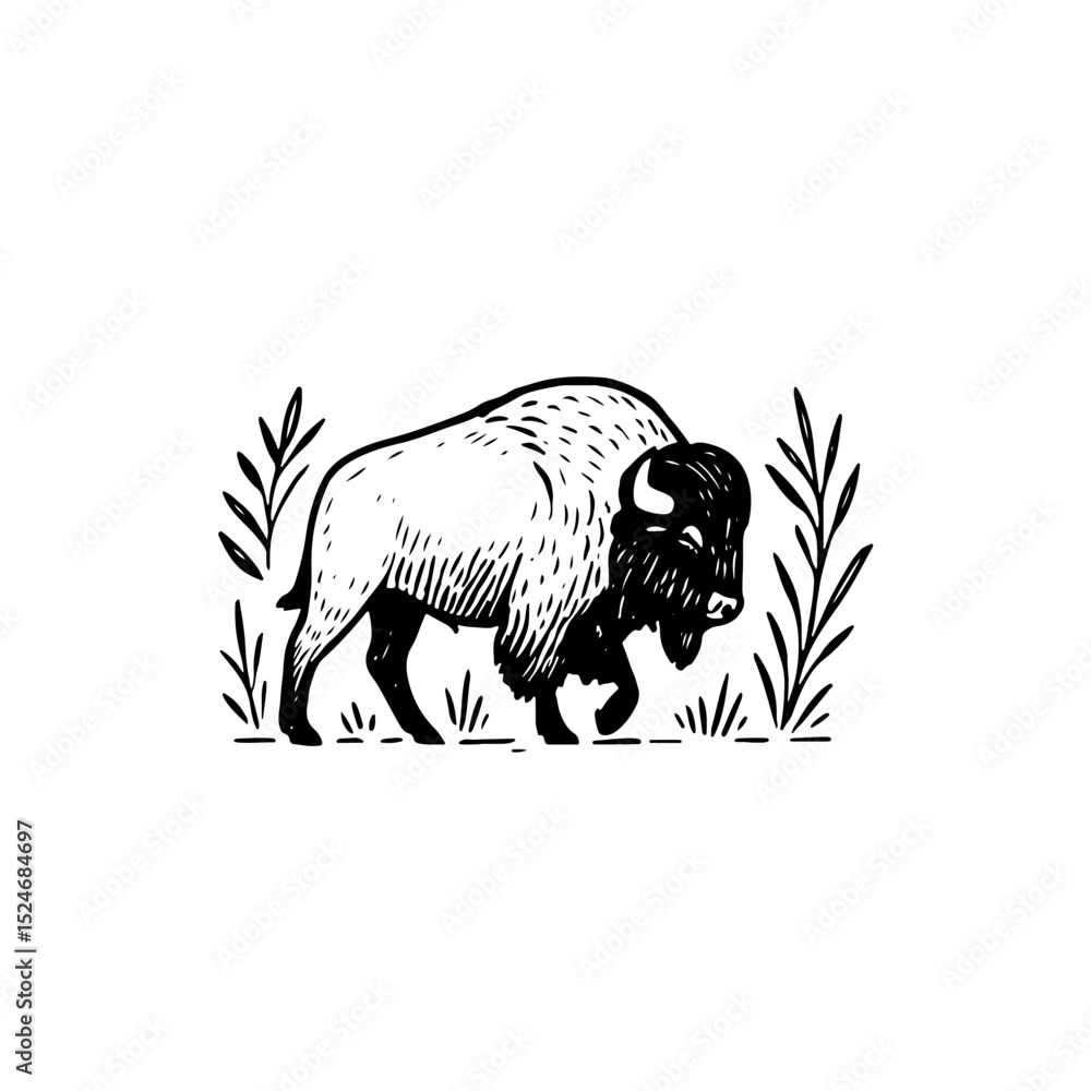 Obraz premium Wild bison vector illustration depicting rustic wildlife in nature, perfect for outdoor, adventure, and conservation themes. High-quality, black and white artwork for diverse designs.