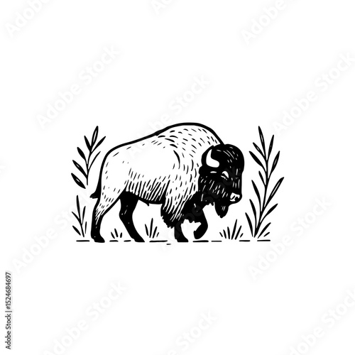 Wallpaper Mural Wild bison vector illustration depicting rustic wildlife in nature, perfect for outdoor, adventure, and conservation themes. High-quality, black and white artwork for diverse designs. Torontodigital.ca
