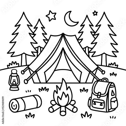 A beautiful camping in the forest coloring page