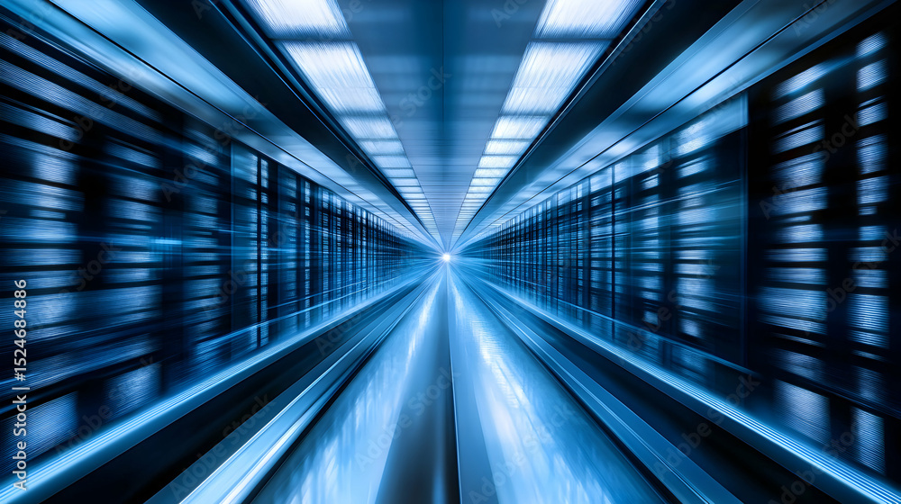 Tunnel interior with blue lighting and motion blur creating a sense of speed. Tunnel interior with blue lighting and motion blur creating a sense of speed.