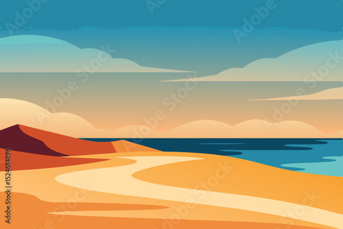 Sunset over a desert landscape where orange sand dunes meet the sea, under a vast sky with clouds