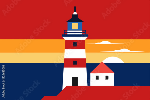 White lighthouse tower stands tall on the island coast, its beacon light guiding through the night sea
