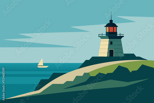 White lighthouse beacon tower on the rocky island coastline