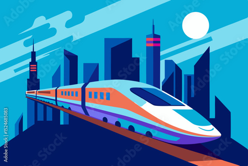 Vector illustration of urban train travel with city architecture and transport symbols