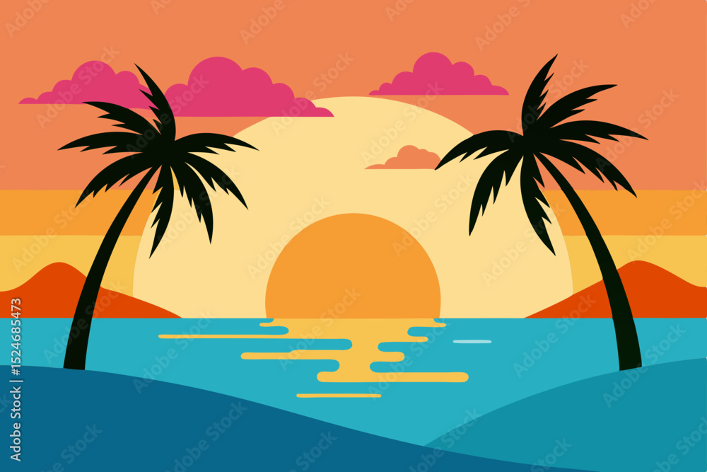 Tropical sunset on a serene beach with silhouetted palm trees against the summer sky Tropical sunset on a serene beach with silhouetted palm trees against the summer sky