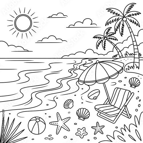 Beach scene coloring page ocean, shoreline palm trees