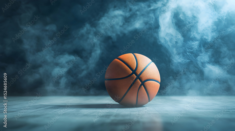 Obraz premium A basketball rests on a surface against a smoky blue background.