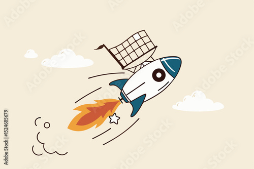 Boost sales and increase profit, achieve sales target or develop business growth, inflation and price concept, shopping cart or trolley on fast rocket booster flying hight in the sky.