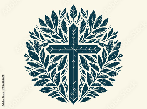 Christian Cross Vector Symbols, Crucifix Silhouettes, Symmetrical Cross with Leaf Motif Illustration Representing Spiritual Growth and Natural Harmony