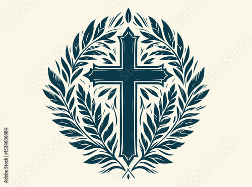 Christian Cross Vector Symbols, Crucifix Silhouettes, Symmetrical Cross with Leaf Motif Illustration Representing Spiritual Growth and Natural Harmony