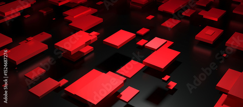 A futuristic abstract background of red geometric shapes on a dark, reflective surface.