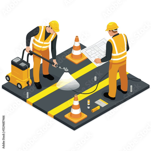 Road construction workers performing pavement marking and planning procedures with safety equipment in isometric view