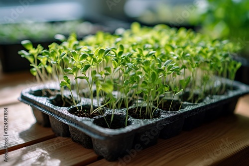 Young sprouts growing in a seed starting tray.