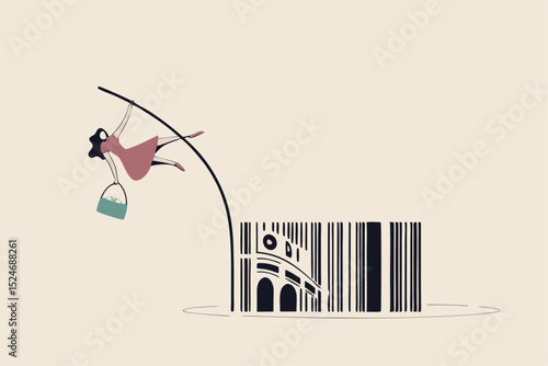 Consumer shopping habit, spending or consumerism, e-commerce or online purchase, marketing and promotion or retail concept, happy woman customer holding shopping bag pole vault jump over shop barcode.