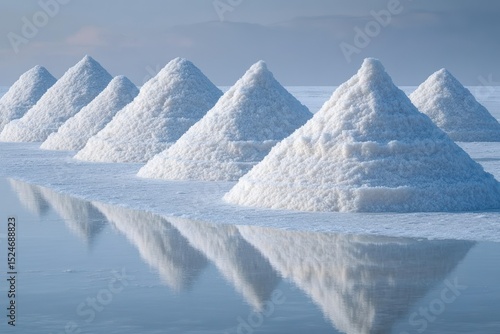 Row of pyramid-shaped white salt piles reflecting on calm shallow water under a cloudy sky