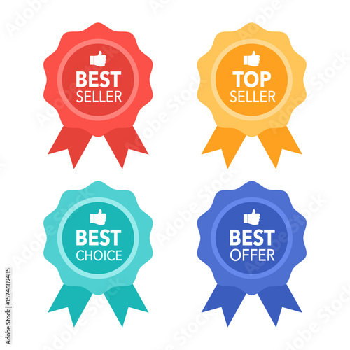 Best seller, choice, offer and top seller labels with ribbon vector illustration.