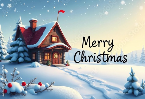 Cartoon house in snowy Christmas landscape, whimsical handwritten 