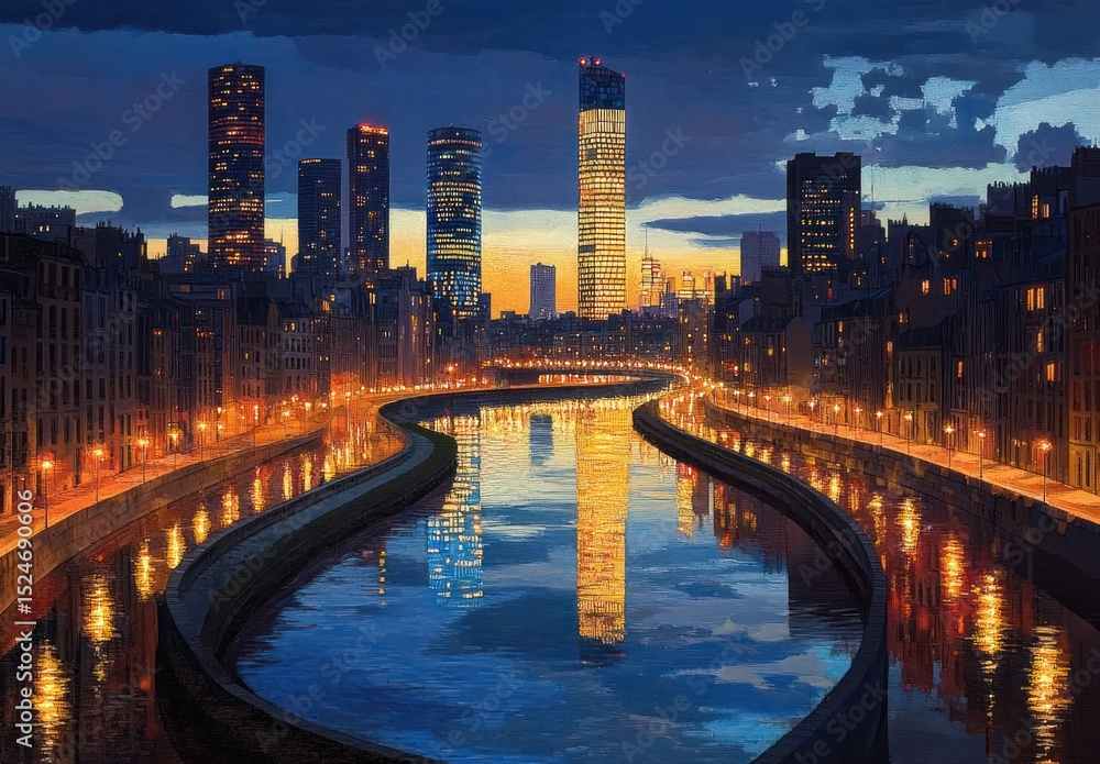 Fototapeta premium Evening cityscape with illuminated modern skyscrapers and historic buildings reflecting in a river at sunset under a dramatic sky