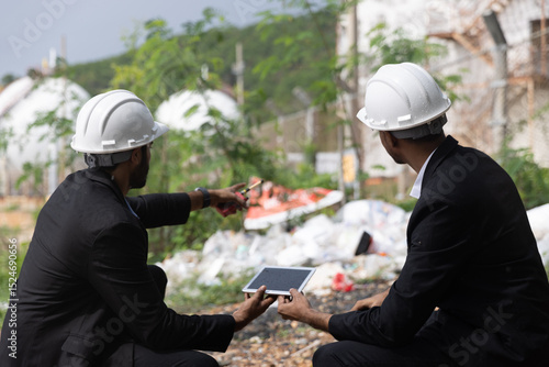 Two businessman or management team audit environment and rubbish around factory, Industrial and environment. NGO staff audit environment issue from industrial estate