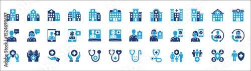 Healthcare icon set. Mobile apps digital health care icon. Icon set contains hospital, doctor, consultation, clinic, stethoscope, nurse, health insurance, family, emergency, online service.