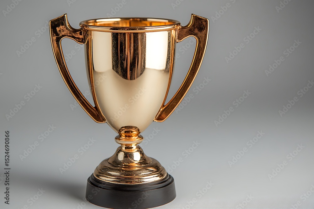 Golden trophy signifying triumph, success, and achievements over grey background Golden trophy signifying triumph, success, and achievements over grey background