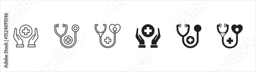 Digital Healthcare icon set. Doctor and health insurance icon. Icon set contains hospital, doctor, consultation, clinic, stethoscope, nurse, family, emergency, online service. Vector illustration.