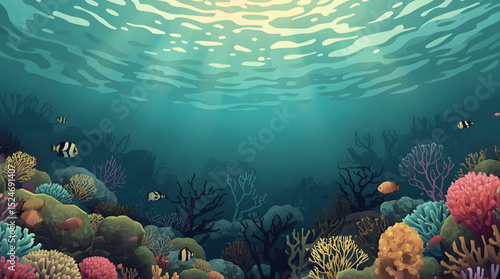 This captivating underwater illustration showcases a vibrant and serene coral reef scene teeming with life. Bathed in gentle rays of sunlight filtering through the turquoise water, the image features 