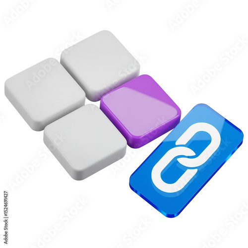Four blank square tiles linking with a chain icon on transparent background