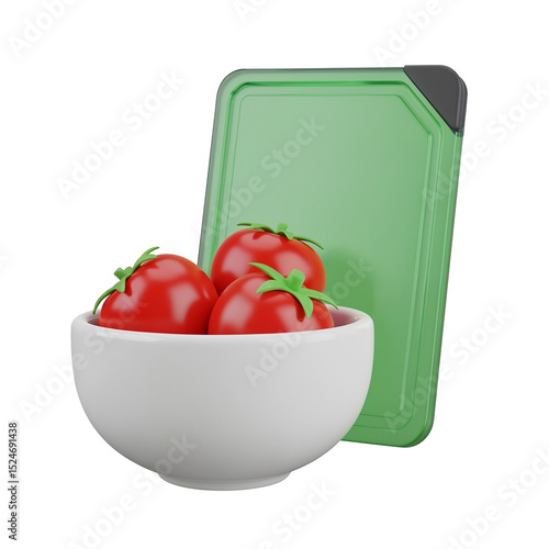 Fresh tomatoes in a bowl with cutting board on transparent background