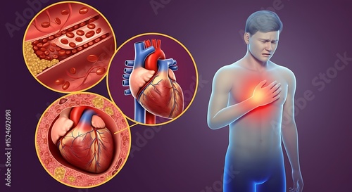 human heart, blocked artery, medical illustration, red blood cells, cardiovascular system, anatomy, heart diagram, artery blockage, realistic medical, scientific drawing