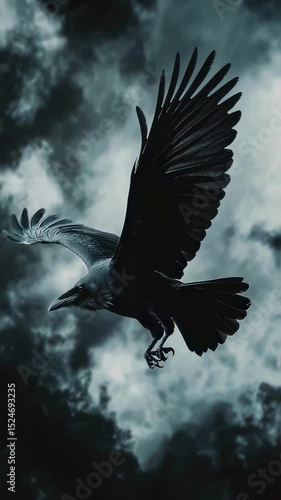 Majestic Raven in Flight Against a Dramatic Stormy Sky