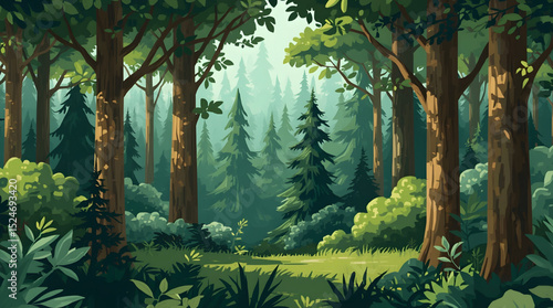 This beautifully illustrated forest scene captures the enchanting essence of nature untouched by human hands. Towering trees rise majestically into the canopy, their leaves forming a lush green roof 