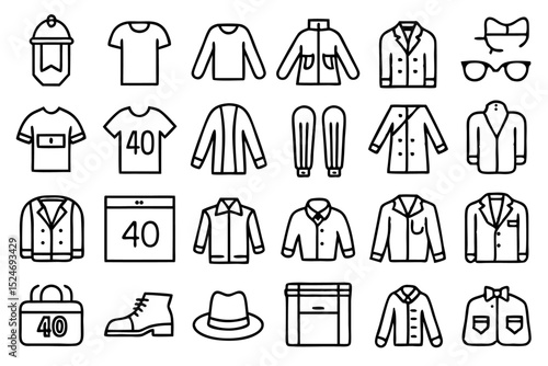 Collection of line icons depicting apparel items such as shirts jackets and coats isolated on transparent background
