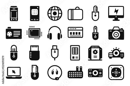 Collection of line icons depicting computer accessories and mice isolated on transparent background
