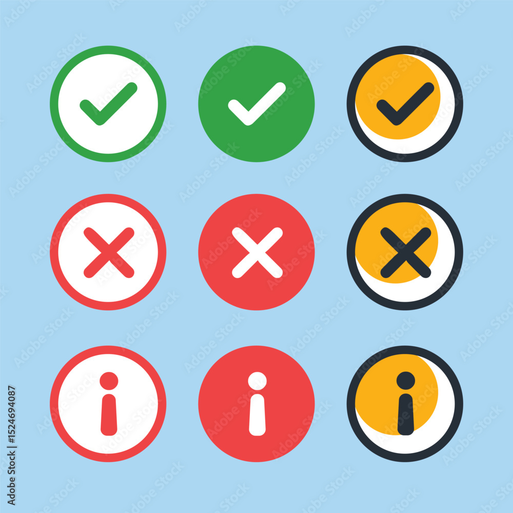 Check mark icon button set. Check, information, detailed information box icon with right and wrong buttons and yes or no checkmark icons in green tick box and red cross. Check mark icon button set. Check, information, detailed information box icon with right and wrong buttons and yes or no checkmark icons in green tick box and red cross.