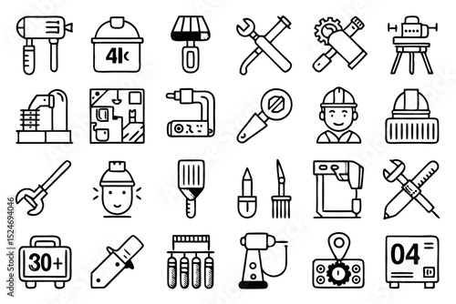 Collection of line icons depicting construction tools and instruments isolated on transparent background