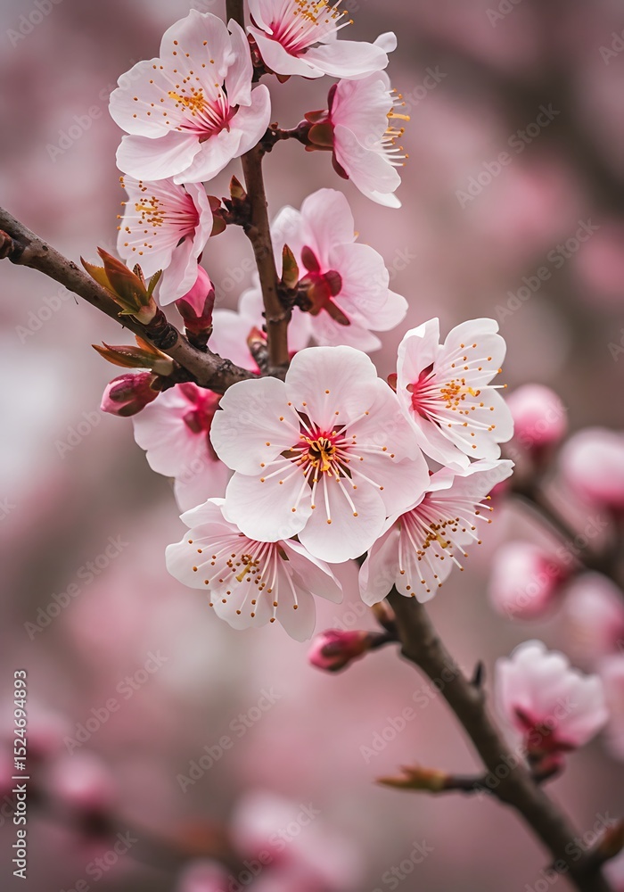 Obraz premium Close-up of delicate pink blossoms on a branch.