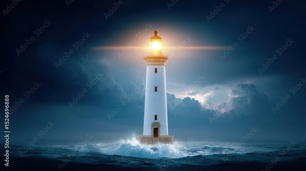 A majestic lighthouse stands tall against a stormy backdrop, its beacon illuminating the dark waves below. A majestic lighthouse stands tall against a stormy backdrop, its beacon illuminating the dark waves below.