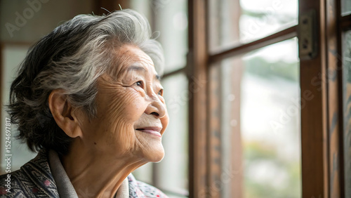 Wallpaper Mural Smiling Elderly Woman with Gray Hair Gazing Thoughtfully Out a Wooden Framed Window Torontodigital.ca