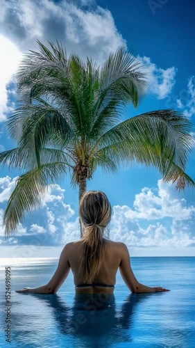 Serene Woman Relaxing in Infinity Pool Overlooking Tropical Ocean and Palm Tree
