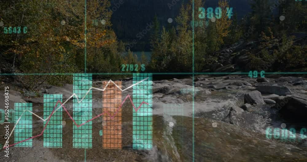 Mountain stream flowing as turquoise grid fading and bars rising with ...