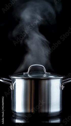 Stainless Steel Pot with Steam on Black Background - Cooking Concept