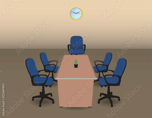 Modern conference room interior with five ergonomic office chairs, wooden table, wall clock, and a small potted plant.