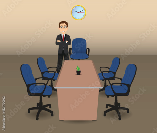Cartoon businessman in a conference room with a meeting table, blue chairs, clock on the wall, and a small plant on the table
