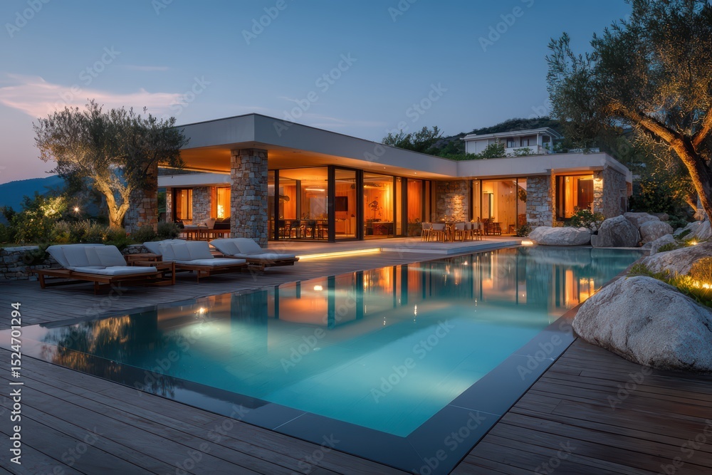 Fototapeta premium Modern villa with wooden deck and pool at dusk embodying tranquil outdoor living.