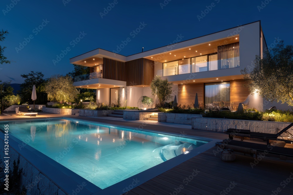 Obraz premium Modern villa with pool and night lighting exuding luxury and tranquility in residential oasis.