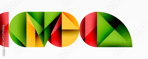 Colorful geometric shapes form letters KMPO. Design features vibrant red, green, yellow hues. Modern abstract visual presentation.