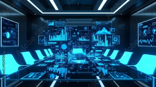 High-tech boardroom features interactive holographic displays presenting financial graphs charts and data analytics for effective business meetings.. Clean delivery – no audio, full creative freedom

